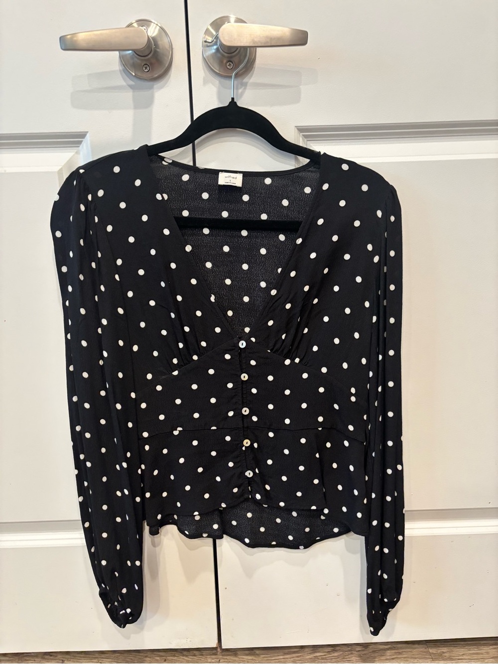 Aritzia Wilfred Prairie Blouse | Black White Polka Dot Button Front Top | Size S